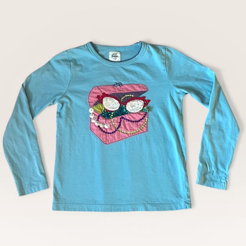 Mini Boden Blue Long-Sleeve Shirt with Sequin Heart Box Graphic